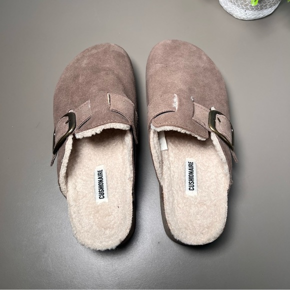 CUSHIONAIRE Beige Suede Faux Fur Lined Slip On Platform Clogs Women’s Size 10 - Picture 6 of 7